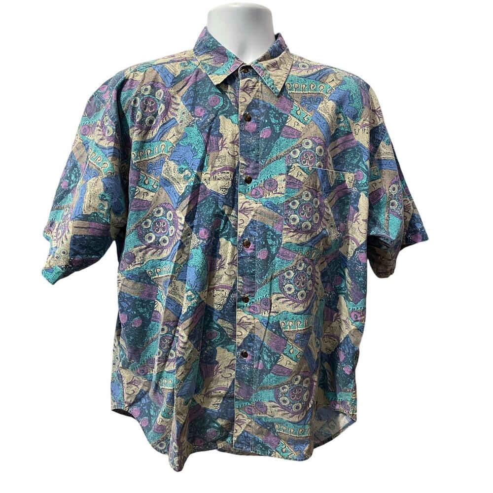 Permit Brand Shirt Mens L Blue Button Up Geometric Surf Cotton Relax 90s VTG